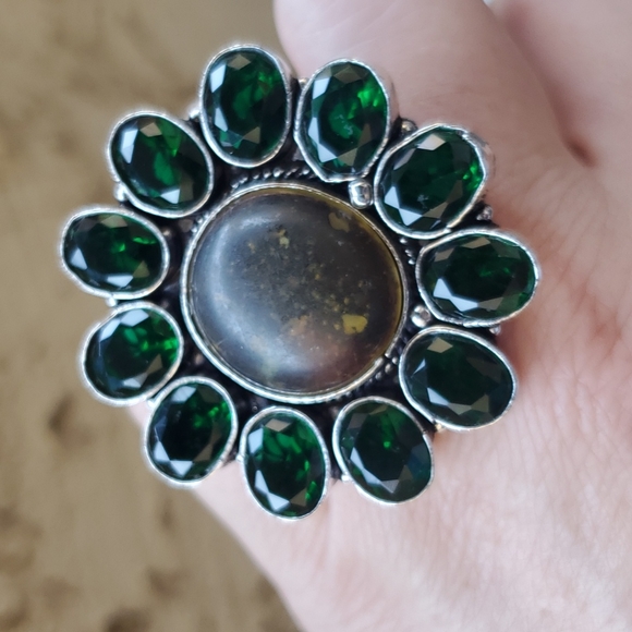 New Stunning Amber & Diopside 925 Silver Statement Ring. - Picture 10 of 15